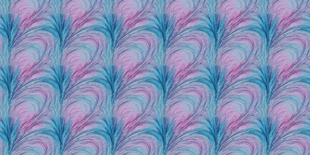 Seamless pattern of abstract feathers in blue and pink tones.