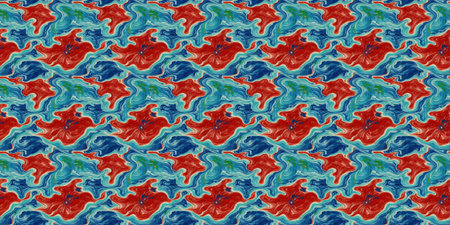 Seamless pattern of abstract painted blue and red waves on white background