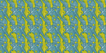 Seamless pattern with blue and yellow swirls on a green background