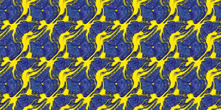 Seamless pattern with abstract ornament in blue and yellow colors.