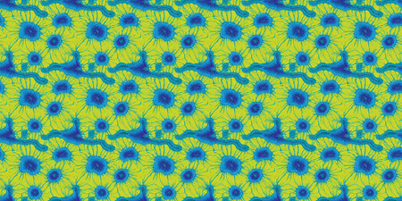 Blue and yellow seamless pattern with sunflowers. Vector illustration.