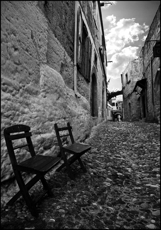 chairs along an ancient roadの写真素材