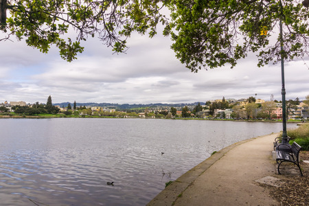 Walking on the shoreline of Lake Merritt, Oakland, San Francisco bay, Californiaの写真素材