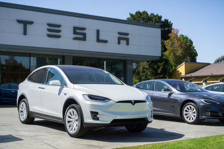 October 3, 2017 Sunnyvale/CA/USA - Tesla cars displayed in front of a showroom located in San Francisco bay areaのeditorial素材