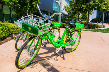 Mountain View / CA / USA - Lime Bikes parked at the LimeHub in the Samsung campus, Silicon Valley,...