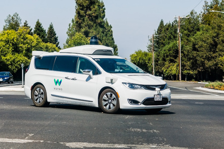 September 6, 2018 Mountain View / CA / USA - Waymo self driving car performing tests on a street near Google's headquarters, Silicon Valleyのeditorial素材