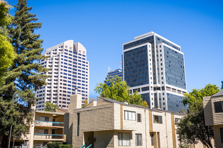 Apartment building close to downtown Sacramento; Office buildings in the background; Californiaの写真素材