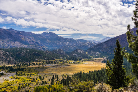 Beautiful valley in the Eastern Sierra mountains on a sunny autumn day, Californiaの写真素材