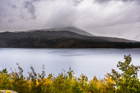 Aerial view of June Lake on a autumn rainy day, Eastern Sierra mountains, Californiaの写真素材