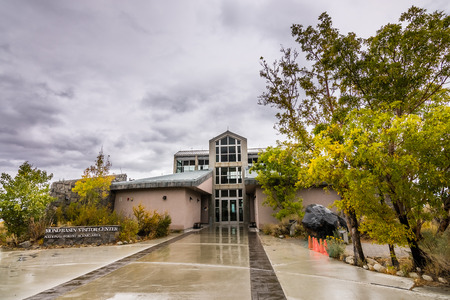Mono Basin Visitor Center building on a rainy autumn day, Eastern Sierra mountains, Californiaの写真素材