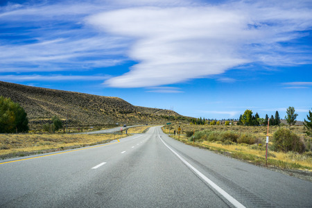 Travelling on the freeway through Mono County, close to the Mammoth Lakes area, Californiaの写真素材