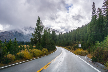 Travelling through Yosemite National Park on a rainy autumn, Californiaの写真素材