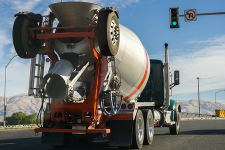 Mixer truck transporting cement to the construction site, south San Francisco bay area, Californiaの写真素材