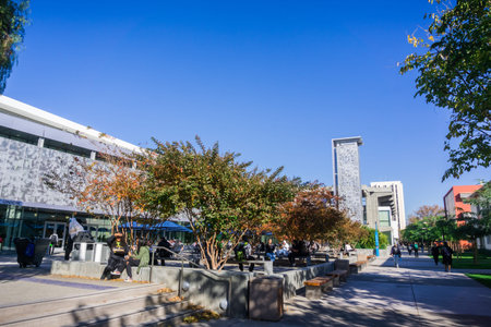 December 6, 2017 San Jose / CA / USA - Students relaxing and having lunch in the SJSU campus in...