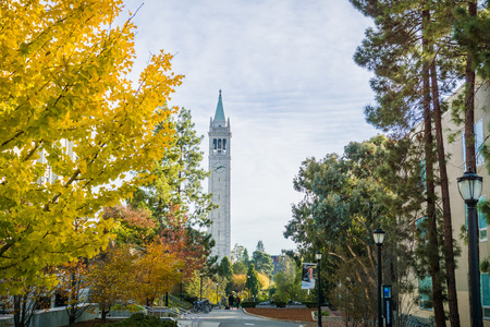 November 19, 2017 Berkeley/CA/USA - Autumn colored trees in the UC Berkeley campus; Sather Tower (Campanile) in the backgroundの写真素材