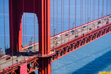Aerial view of traffic on Golden Gate Bridge, San Francisco, California