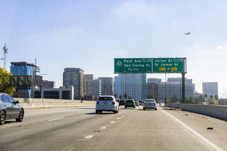 November 25, 2018 San Jose / CA / USA - Travelling towards downtown San Jose; the city's financial...
