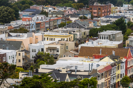Aerial view of a residential neighborhood in San Francisco, Californiaの写真素材
