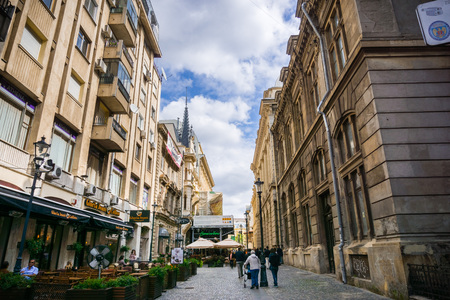 September 22, 2017 Bucharest/Romania - Street lined up with pubs and restaurants in the old townのeditorial素材
