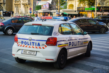 September 19, 2017 Bucharest/Romania - Police team surveying the traffic in Piata Romanaのeditorial素材