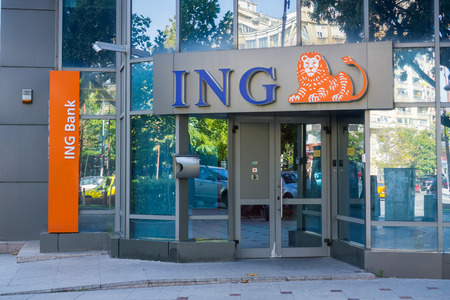 September 18, 2017 Bucharest/Romania - ING Bank branch entranceのeditorial素材