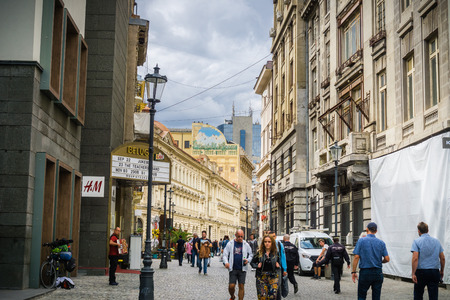 September 22, 2017 Bucharest/Romania - People walking on Lipscani Street in downtown Bucharestのeditorial素材