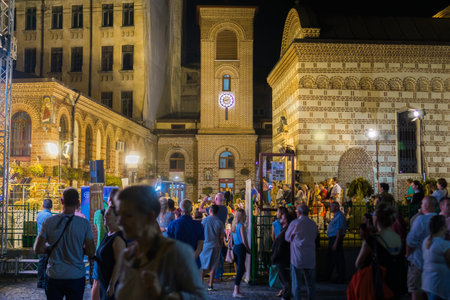 September 11, 2017 Bucharest, Romania - People listening to an evening concert near Saint Anton...
