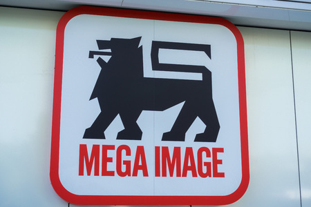 September 15, 2017 Bucharest/Romania - Mega Image logo above the store entranceのeditorial素材