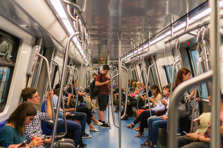 September 13, 2017 Bucharest, Romania - People riding in the subwayのeditorial素材