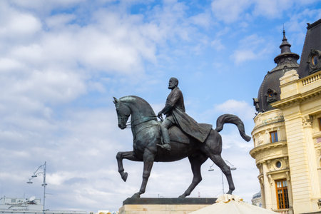 September 22, 2017 Bucharest/Romania - Equestrian statue of Carol I in front of Biblioteca Centrala Universitara installed in 2007 (the original was taken down by the communism regime in 1947)のeditorial素材