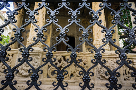 Detail of the forged metal fence of the eastern Orthodox Stavropoleos Church in the old city area of Bucharest, Romaniaの写真素材