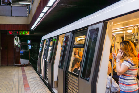 September 18, 2017 Bucharest/Romania - Subway train about to depart the Piata Victoriei station