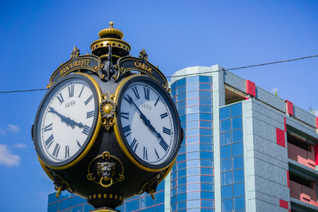 Public clock at the entrance of Carol Park commemorating the year when the city was first set up, Bucharest, Romaniaの写真素材