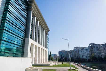 September 18, 2017 Bucharest/Romania - Close up of the facade of the new and modern National Library of Romania buildingのeditorial素材