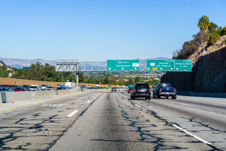 December 3, 2018 Los Angeles / CA / USA - Travelling on Highway 405 towards I5; heavy traffic on the...