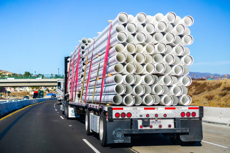 December 2, 2018 Los Angeles / CA / USA - Truck transporting white plastic pipingのeditorial素材