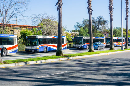 February 8, 2018 Palo Alto / CA / USA - SamTrans buses stopped at the station; SamTrans is a public...