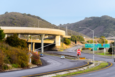 Freeway interchange with over and under passes, San Mateo, San Francisco bay area, Californiaのeditorial素材