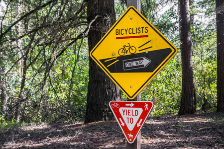 Signs depicting the rules to be followed by cyclists and other trail users, San Francisco bay area,...