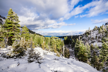 Beautiful winter day in the Sierra Mountains, Emerald Bay and Lake Tahoe visible in the background, Californiaの写真素材