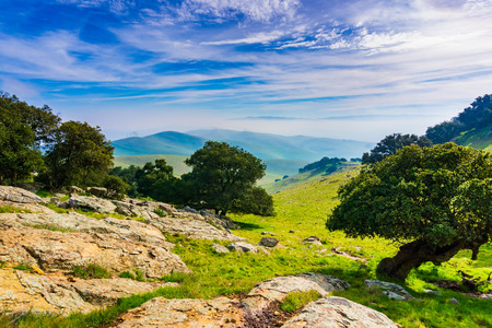 Panoramic view in Brushy Peak Regional Park on a cloudy day, East San Francisco bay, Livermore, Californiaの写真素材