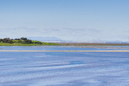 View towards San Mateo Bridge and San Francisco on a clear day, Menlo Park, Silicon Valley,...