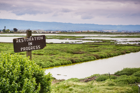 Restoration sign in the wetlands in Alviso Marsh, Don Edwards wildlife refuge, south San Francisco bay, Californiaの写真素材
