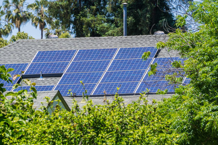 Solar panels installed on the rooftop of a house, San Jose, California