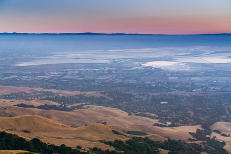 Aerial view of south San Francisco bay after sunset as seen from Mission Peak, California