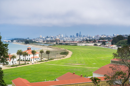 View towards Crissy Field; financial district in the background, San Francisco, Californiaの写真素材