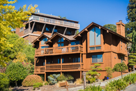 House in a residential neighborhood of Oakland, San Francisco bay on a sunny autumn day, Californiaのeditorial素材
