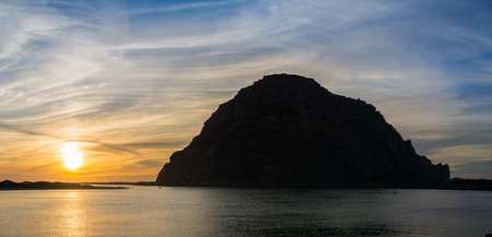 Panoramic view of Morro Rock at sunset, Morro bay, Californiaの写真素材