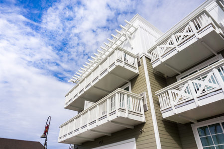 Wooden building pained in light colors in Pismo Beach, California