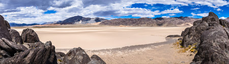 Panoramic view of the Racetrack Playa taken from the Grandstand, Death Valley National Park, Californiaの写真素材